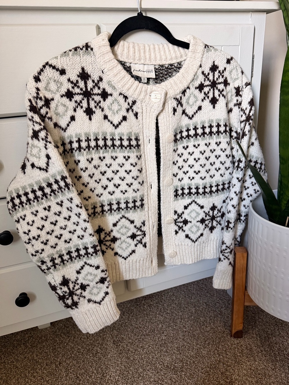 Cozy Fair Isle Button-Front Cardigan in Ivory and Dark Brown
